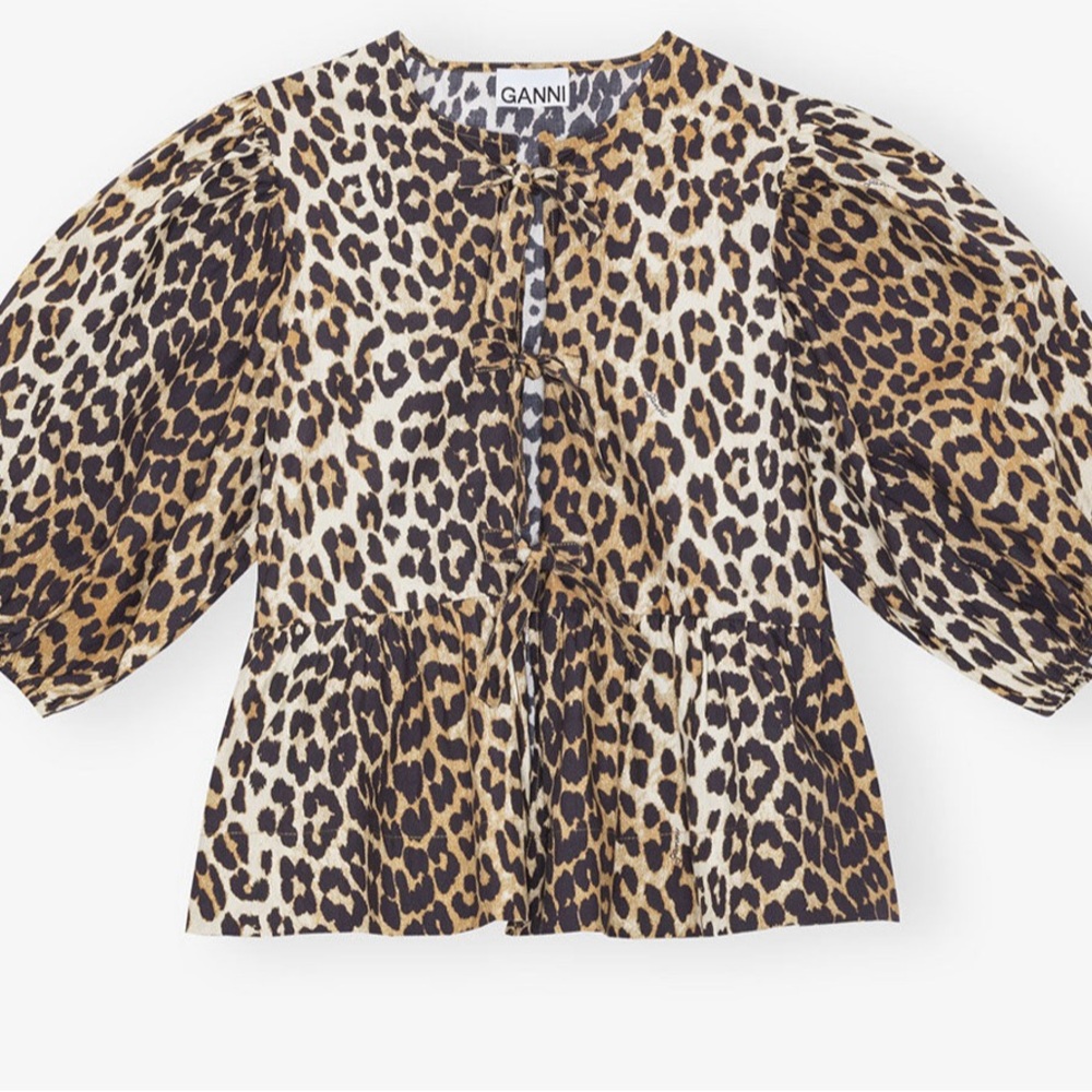 LEOPARD COTTON POPLIN PEPLUM TIE BLOUSE
